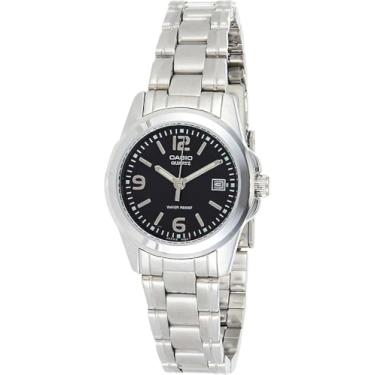 Imagem de Casio LTP1215A-1A Relógio analógico feminino de aço inoxidável com mostrador preto com 3 ponteiros, Preto