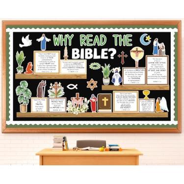 Imagem de Conjunto de quadro de avisos cristão religioso, decoração de sala de aula, planta de volta às aulas, suprimentos motivacionais, versículo da Bíblia, recortes de papel para leitura de papel para