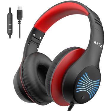 Imagem de EarFun Fones de ouvido infantis K3, fones de ouvido USB tipo C com microfones, limite de volume de 85/94 dB, som estéreo HD com luz LED, fones de ouvido dobráveis com fio para escola/meninos/meninas