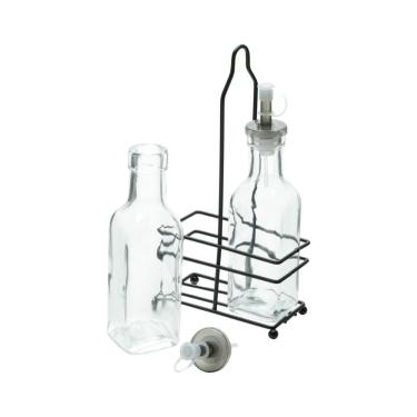 Imagem de Galheteiro Em Metal Com 2 Garrafinhas Em Vidro Kit 2 Pçs.