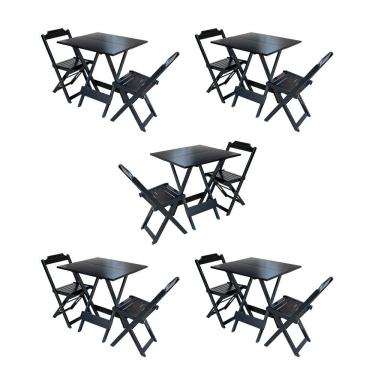 Imagem de Kit 5 Conjuntos De Mesa Dobravel Com 2 Cadeiras De Madeira 70X70 Para Restaurante E Bar - Preto