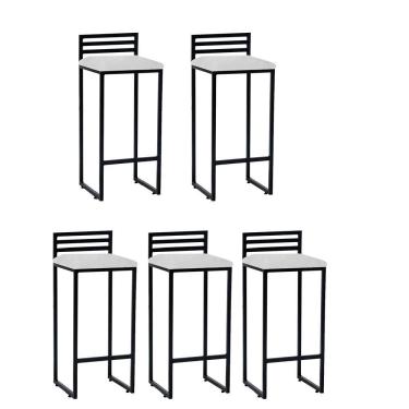 Imagem de Kit 05 Banqueta Alta Com Encosto Núria Balcão Bar Cozinha Bistrô Ferro Preto Sintético Branco