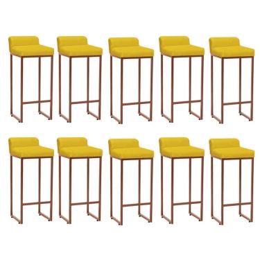 Imagem de Kit 10 Banqueta Alta Mia Com Encosto Balcão Ferro Bronze Suede Amarelo