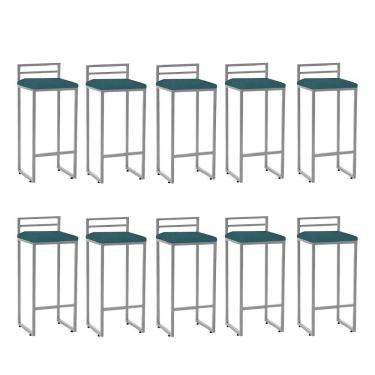 Imagem de Kit 10 Banqueta Alta Com Encosto Petra Balcão Ferro Prata Suede Azul Turquesa