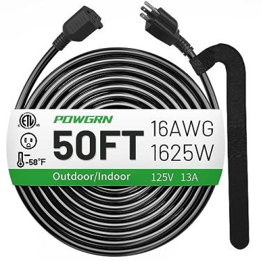 Imagem de POWGRN Cabo De Extensão Interno E Externo Preto 50 Pés, 16/3, À Prova D'Água, Com 3 Pinos Flexíveis, Resistente A Intempéries -50 °C, Para Aparelhos 13 Amperes, 1625 W, 16 Awg, Elétrico