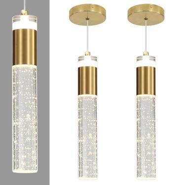 Imagem de Daoseolo Pacote Com 2 Luminárias Pendentes Modernas Para Ilha De Cozinha, Luminária Teto Em Cristal Bolha Dourada, 3 Cores 2700K/4500K/6500K, Mini Lustre Linear Led Sala Jantar, Quarto, Bar, Corredo