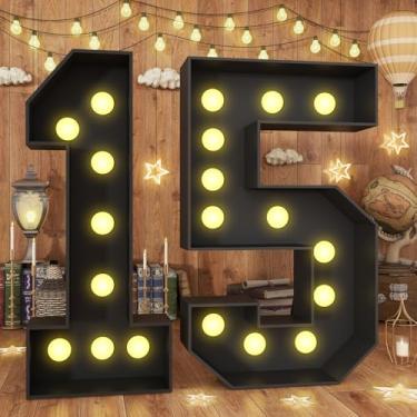 Imagem de Froova 1,2 m com números iluminados, 15 números grandes, letreiro com luzes para festa de aniversário de 15 anos, moldura pré-cortada, mosaico, número de luzes, 15 cartões, recortado, placa de espuma