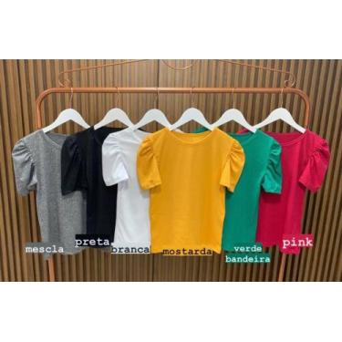 Imagem de Blusa feminina manga princesa bufante curta malha canelada gola rasa -