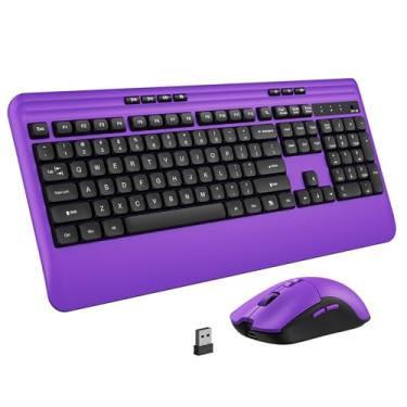 Imagem de KOPJIPPOM Conjunto de teclado e mouse sem fio com teclas silenciosas, teclado e mouse roxo tamanho completo de 2,4 G com descanso de pulso, capas protetoras, design silencioso de toque suave para