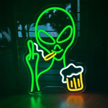 Imagem de Nen Sign Placa De Neon Alienígena Verde, Luz De Neon Alienígena De Bar De Cerveja Para Decoração De Parede, Letreiros De Neon Alienígena Led Reguláveis E Alimentados Por Usb Para Crianças, Aniversário