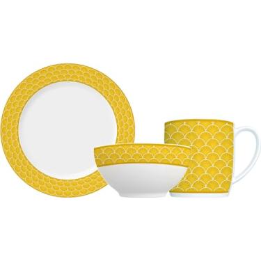 Imagem de Jogo de lanche em porcelana, modelo Capri, Urban, Aura Amarelo, 12 peças, Germer, Branco com detalhes em amarelo