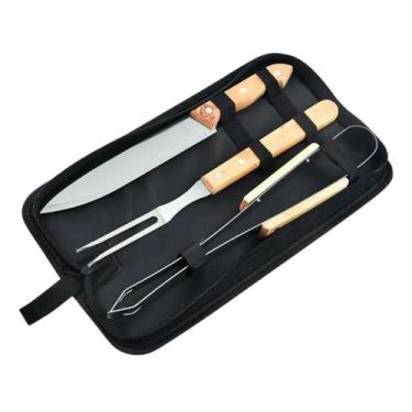 Imagem de Kit Churrasco com 3 Peças em Inox Faca, Garfo e Pegador - MinutoBaby