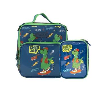 Imagem de Kit Escolar Lancheira + Estojo Box Rabisk Dinossauro - Mundi, Azul