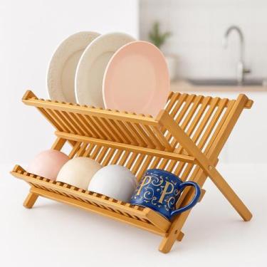 Imagem de Escorredor Dobrável de Louças Bambu Natural Para Pia Bancada Compacto 