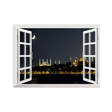 Imagem de Impressões Janela Falsas-Castelo noturno-Paisagem Urbana Pinturas em Tela-Quadro para Decoração Sala de Estar 50x70cm Sem Moldura