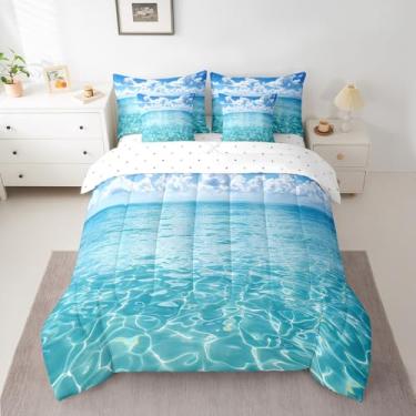 Imagem de Conjunto de edredom com tema de oceano, 7 peças, feminino, azul-petróleo, praia, havaiano, respirável, verão, férias, férias, decoração de quarto