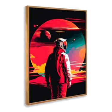 Imagem de Quadro Decorativo Astronauta Planeta Espaço Fundo Vermelho Arte Futurista Galáxia Estilo Gamer Sci-fi Com Moldura
