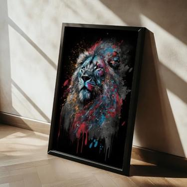 Imagem de Quadro Decorativo Com Moldura Leão Colorido Tinta Abstrata Arte Moderna Animal Selvagem Parede Sala Escritório Quarto Presente