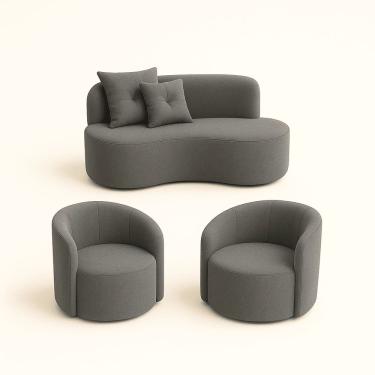 Imagem de Conjunto Decorativo 02 Poltronas + Sofá Curvo Orgânico Nature Gaia Suede Cinza - Montanaris Decor