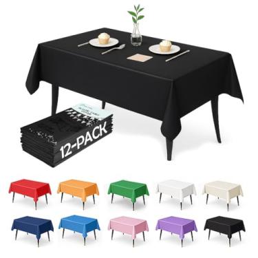 Imagem de Craft And Party Pacote com 12 toalhas de mesa pretas de plástico – Capas de mesa descartáveis de 137 x 272 cm para mesas retangulares, resistentes e à prova d'água para festas, eventos, banquetes