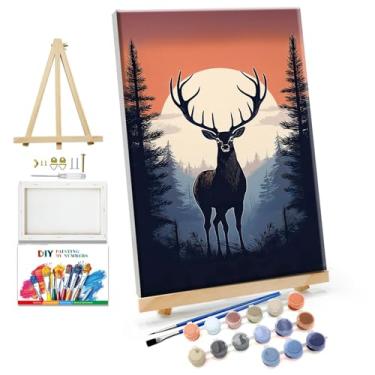 Imagem de JOOZ Kit de pintura por números para adultos pintura de cervo emoldurada por número com cavalete lua adulto pintura por números kits de pintura a óleo florestal DIY para decoração de parede de casa 20