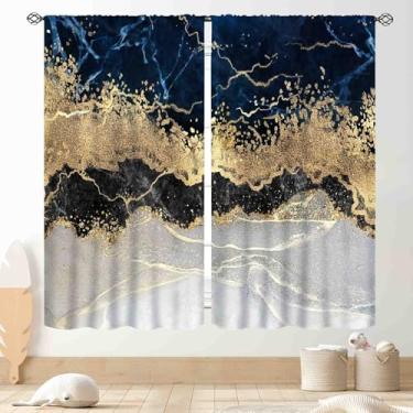 Imagem de Cortinas de mármore azul marinho, moderno abstrato omber dourado glitter exclusivo impresso estético luxo marmorizado tratamentos cortina para quarto sala de estar banheiro cozinha 2 painéis, 106,7 x