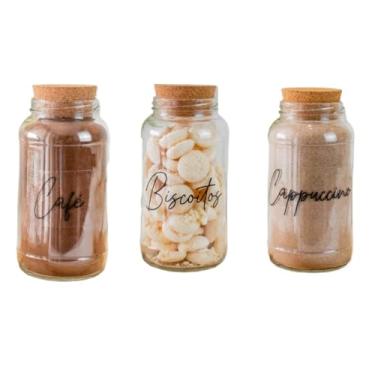 Imagem de Kit Cantinho do Café 810ml | ESCOLHA SEU KIT | Potes de Vidro | Tampa de Cortiça com ou sem Adesivos | Armazenamento(Café, Biscoitos, Cappuccino)