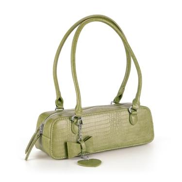 Imagem de Bolsa de ombro estilosa com estampa de crocodilo, bolsa retangular leste-oeste com pingente de metal, disponível em verde limão e bege, Verde limão