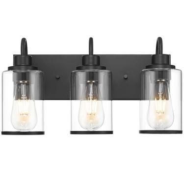 Imagem de Beionxii Luminária De Banheiro Preta Fosca Com 3 Luzes, Cúpula Vidro Transparente, Iluminação Sobre Espelho, Arandelas Para Sala Estar Bx-Vl01Mb-3Cg