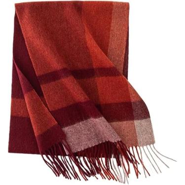 Imagem de 180 * 30 Cm Vinho Tinto Lã Pura Lenços Femininos Com Borlas Lenços De Manta Xadrez Quente Para Mulheres Inverno Longo Xales Verificados, Red, Yellow and Black Grid, 180 * 30cm