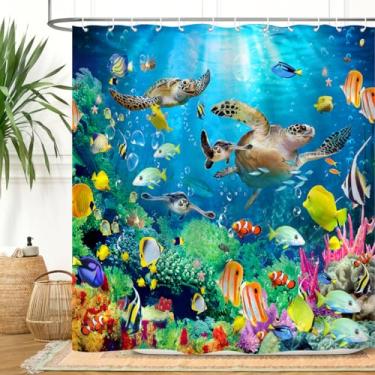 Imagem de ZXMBF Cortina de chuveiro tartaruga marinha mundo subaquático peixes tropicais coloridos coral no fundo do mar recife banheiro decoração de banheira tecido impermeável 182 cm C x 182 cm L com 12 peças
