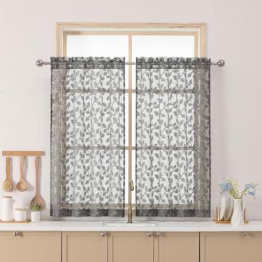 Imagem de Chyhomenyc Cortinas transparentes cinza carvão 91 cm de comprimento, folha de filtragem leve tufada texturizada pequena cortina de cozinha sobre pia, cortinas curtas de meia janela para porão de