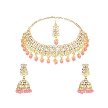 Imagem de Efulgenz Conjunto de joias indianas gargantilha de cristal brincos pendentes Maang Tikka corrente de cabeça Bollywood casamento nupcial joias para mulheres, Cobre, não conhecido