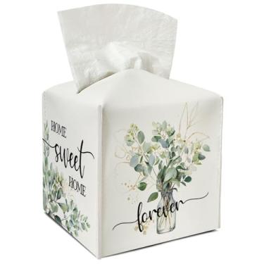 Imagem de Porta-lenços de couro de eucalipto com cinto inferior para mulheres, presente de inauguração de casa, capa de caixa de lenços aquarela, banheiro, carro, criado-mudo, vaidade, cozinha, decoração