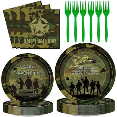 Imagem de VorkiVecKi Decorações de festa de aniversário camuflada – 96 peças de pratos de mesa de papel do exército, conjunto de guardanapos e garfos descartáveis para 24 convidados, artigos de festa de