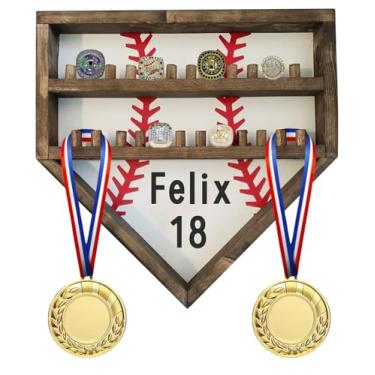 Imagem de SEAKUOSKYK Capa de exibição personalizada com suporte de anel de campeonato de softball, nome personalizado, número esportivo, anel de madeira, 24 pinos de anel, capa de exibição de presente de troféu