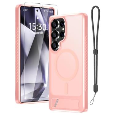 Imagem de Capa para Samsung Galaxy S25 Ultra com protetor de tela + alça de pulso, capa magnética translúcida fosca robusta fina embutida com suporte invisível [apto para MagSafe], rosa fofo 2025