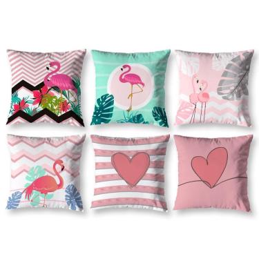 Imagem de Kit 6 Capas De Almofada 40Cm X 40Cm Estampadas Flamingo