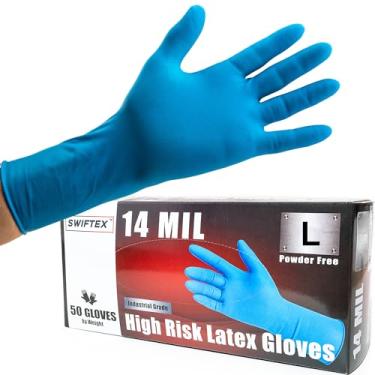 Imagem de SWIFTEX - Luvas de látex grossas resistentes, 14 mm, azul, industrial, sem pó, 30 cm de comprimento, texturizadas, luvas multiuso, caixa com 50 (grande)