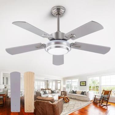 Imagem de QUTWOB Ventiladores de teto de níquel escovado de 107 cm, ventiladores de teto com 5 lâminas para casa de fazenda com luzes, ventilador de teto interno/externo com controle remoto para pátio, quarto