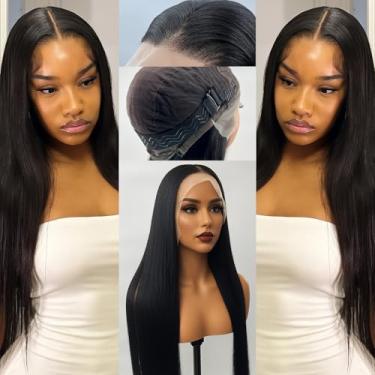 Imagem de Peruca frontal de renda sintética 33 x 15 cm, peruca de renda frontal de 76 cm para mulheres com elástico, cabelo liso resistente ao calor HD peruca de renda com densidade natural para uso diário