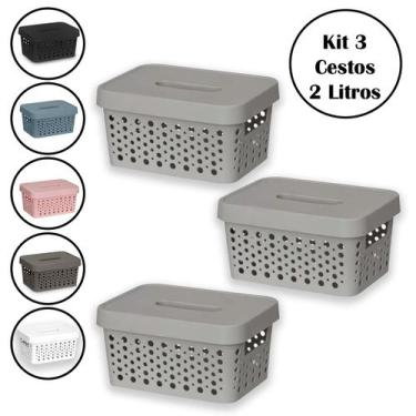 Imagem de Kit 3 Cestos Organizador Com Tampa 2 Litros Multiuso - Usual Utilidade