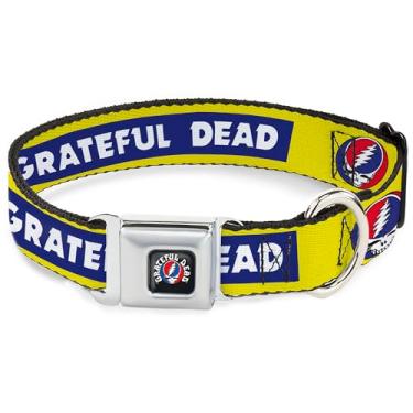 Imagem de Coleira para animais de estimação Grateful Dead, fivela de cinto de segurança de metal, caixa de texto Grateful Dead e logotipo Steal Your Face amarelo/azul, 40,6 a 58 cm de largura