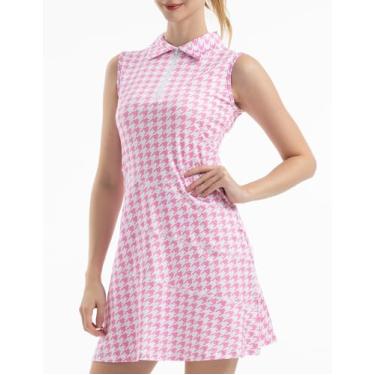 Imagem de FKEEP Vestidos esportivos femininos de golfe com zíper e gola V com shorts e bolso para treino atlético, Xadrez vermelho 11, GG