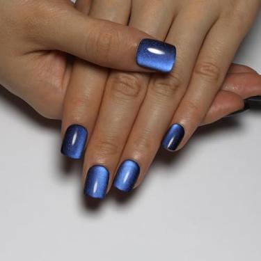 Imagem de Conjunto de unhas postiças azuis quadradas curtas, azul a preto, gradiente de olho de gato, com cola, unhas postiças de acrílico reutilizáveis, unhas postiças femininas, glitter e cola nas unhas