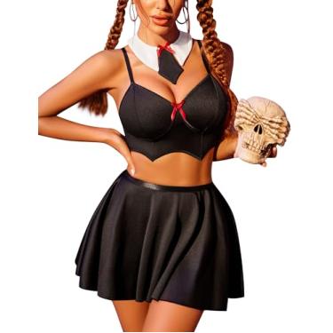 Imagem de Avidlove Conjunto de 4 peças de lingerie de estudante com minissaia preta M