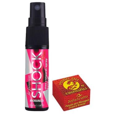 Imagem de Kit Sensual Óleo de Massagem Shock Plus Morango Pomada Fogo do Dragão 