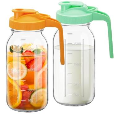 Imagem de Jarro de vidro com tampa dupla à prova de vazamento com alça, recipiente de geladeira de boca larga para leite materno para água, suco (2, laranja e verde, 1,814 g)