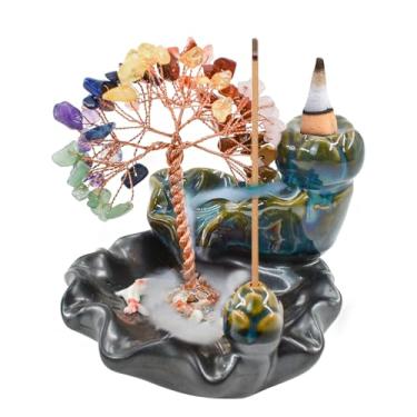 Imagem de MrMrKura Queimador de incenso de refluxo, queimador de cachoeira de incenso de cerâmica com 7 chakras de cristais de cura, fonte de árvore, suportes de incenso para meditação de ioga, decoração de