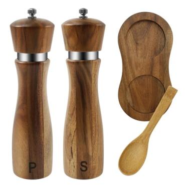 Imagem de Conjunto de 2 peças de sal e moedor de madeira com grossura ajustável e recarregável com núcleo de cerâmica para temperos e especiarias (cor de tronco, 1 conjunto)